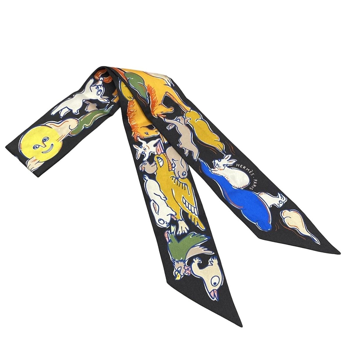 HERMES(エルメス) スカーフ美品 ツイリー 黒×オレンジ×マルチ