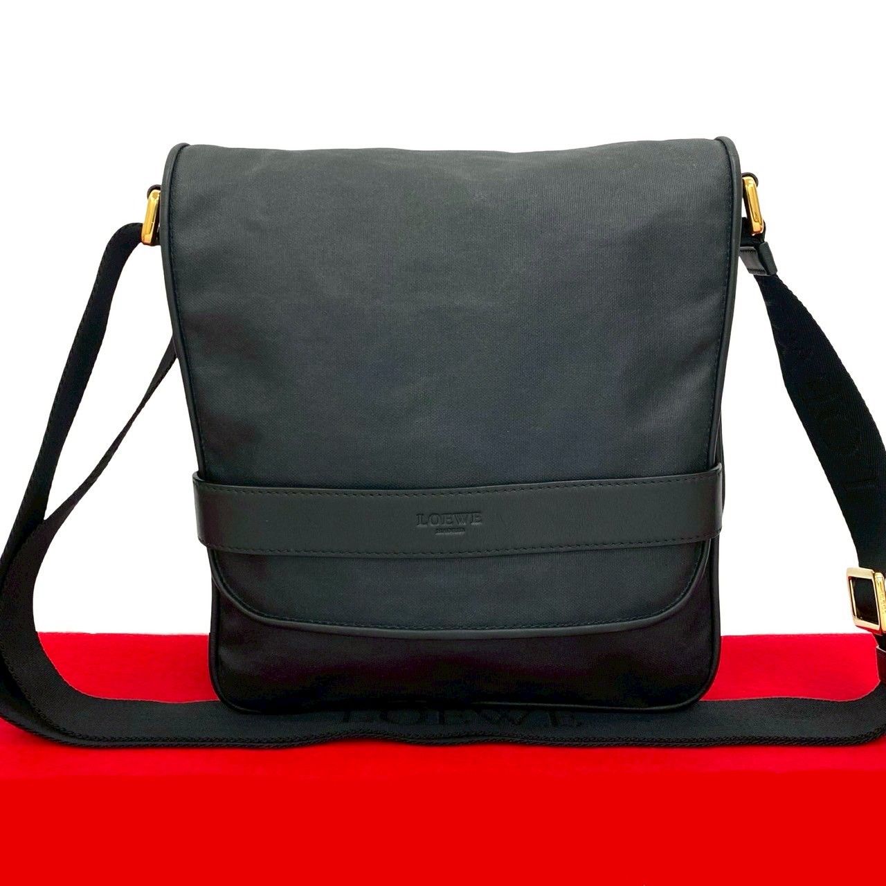 極 美品 LOEWE ロエベ ロゴ 刻印 レザー 本革 コーティングキャンバス 