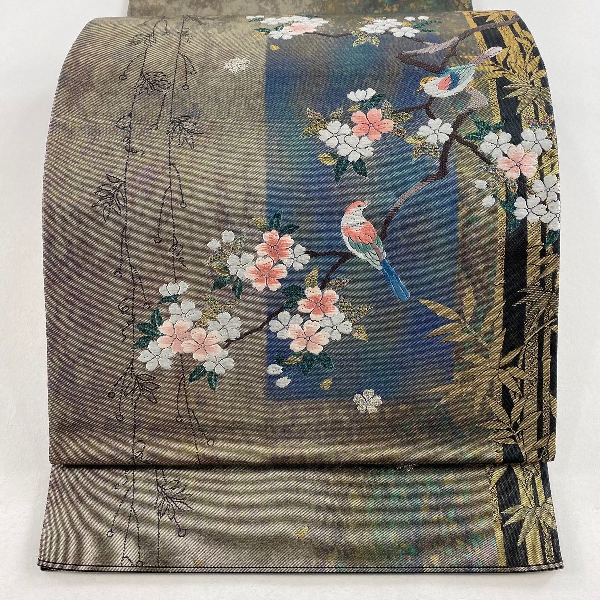 明綴れ 手織 袋帯 鶴 鳥 金糸 銀糸 正絹 お太鼓柄 Q647