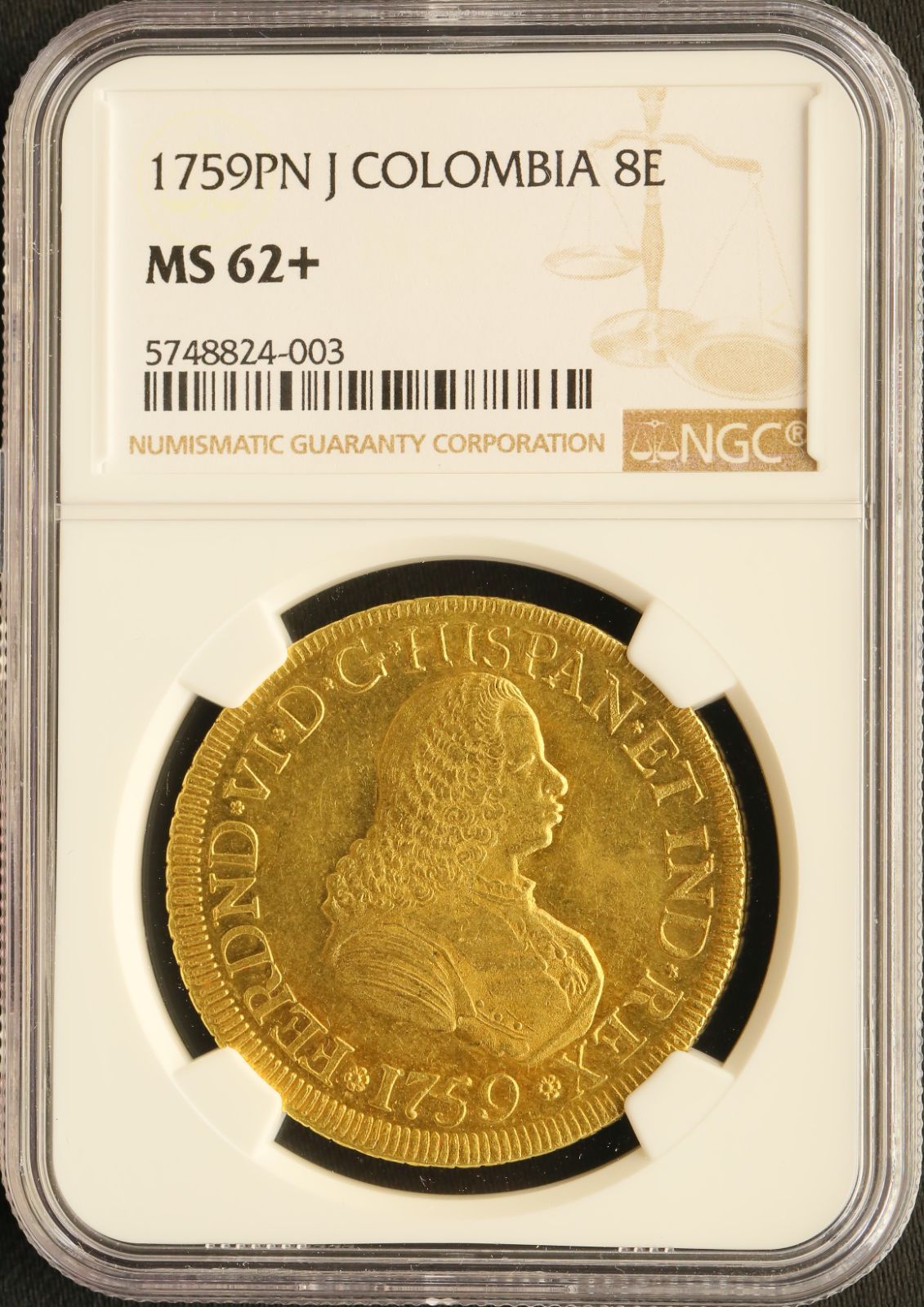 5748824-003 アンティークコイン コロンビア 1759 PN J フェルナンド6世 ポパヤン 8エスクード金貨 NGC