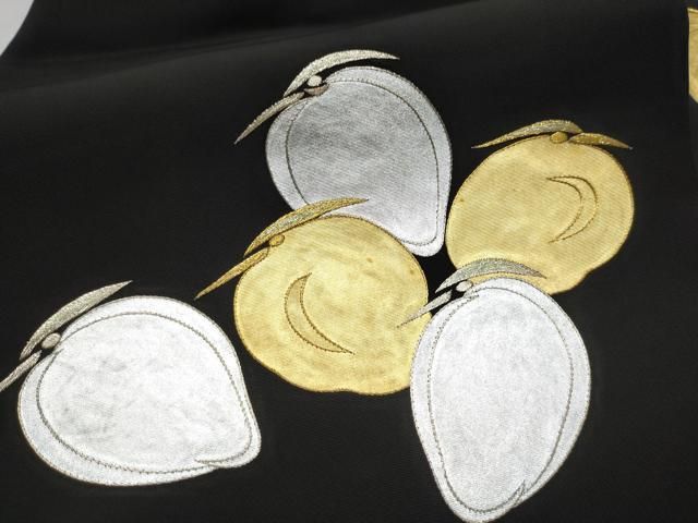 平和屋着物●九寸名古屋帯　刺繍　成物　黒地　金銀彩　正絹　逸品　CAAY9634hy 平和屋着物○九寸名古屋帯 刺繍 成物 黒地 金銀彩 正絹 逸品