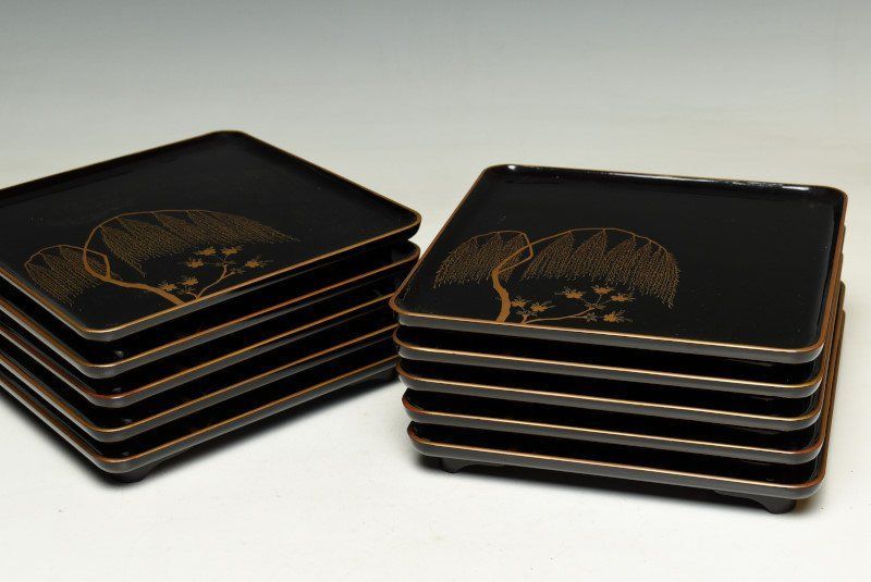 蔵A3476 木製黒塗 柳蒔絵 吸物膳 会席盆 十客