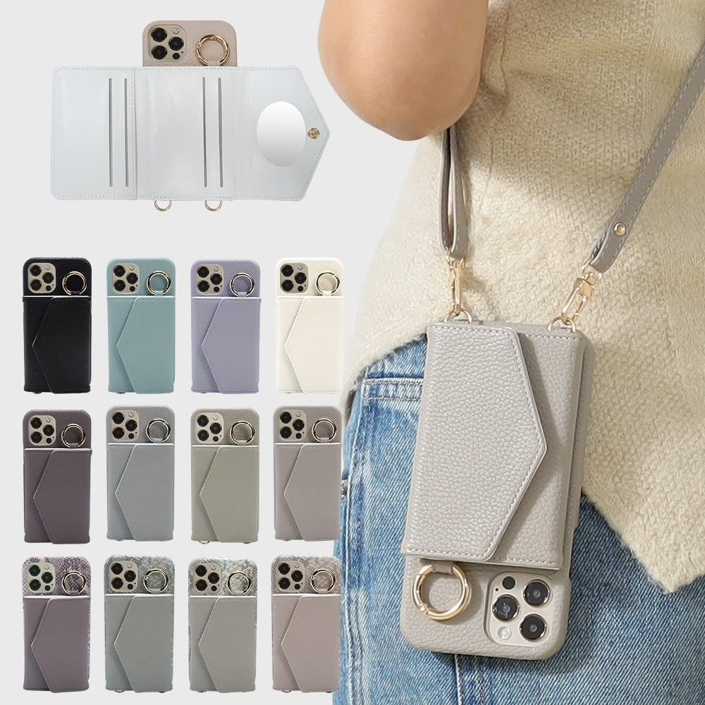 【人気商品】背面ポケット カード収納 財布付き ミラー付き リング付き マグネットなし 斜めかけ 肩掛け 鏡付き レザー 背面カード収納 プラス 背面手帳型 分体式 携帯ケース タイプ ショル