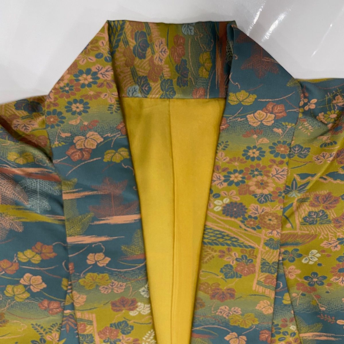 道中着 身丈104.5cm 裄丈66cm M 和装コート 着物衿 松竹梅 草花 青灰色  