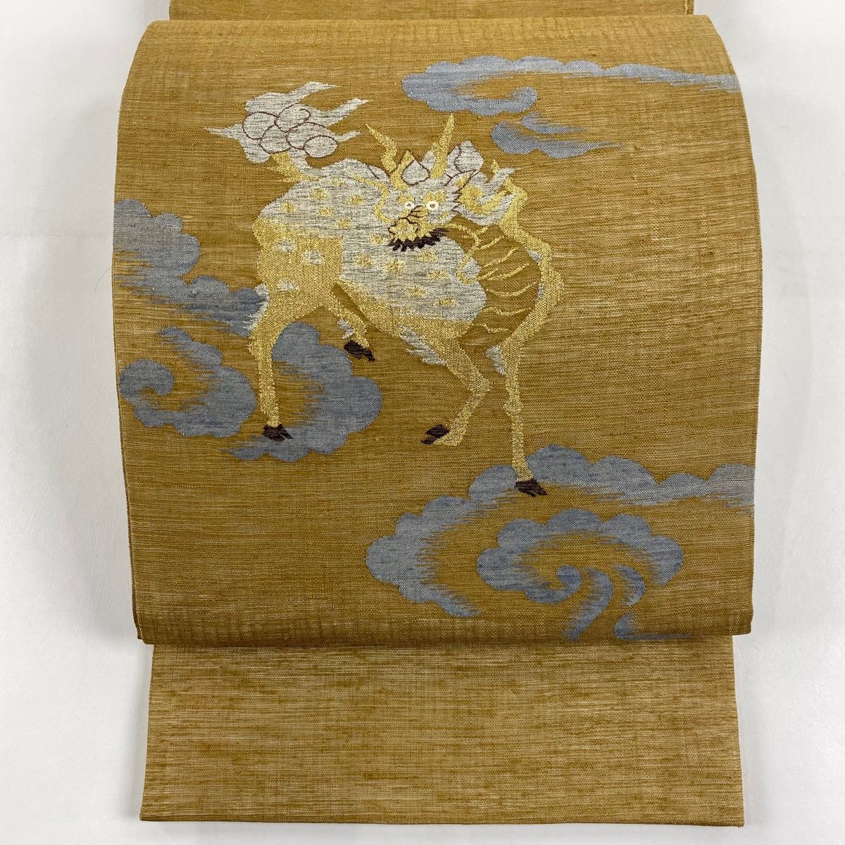 袋帯 秀品 紬地 夏帯 動物 雲文 金銀糸 薄茶色 お太鼓柄 正絹