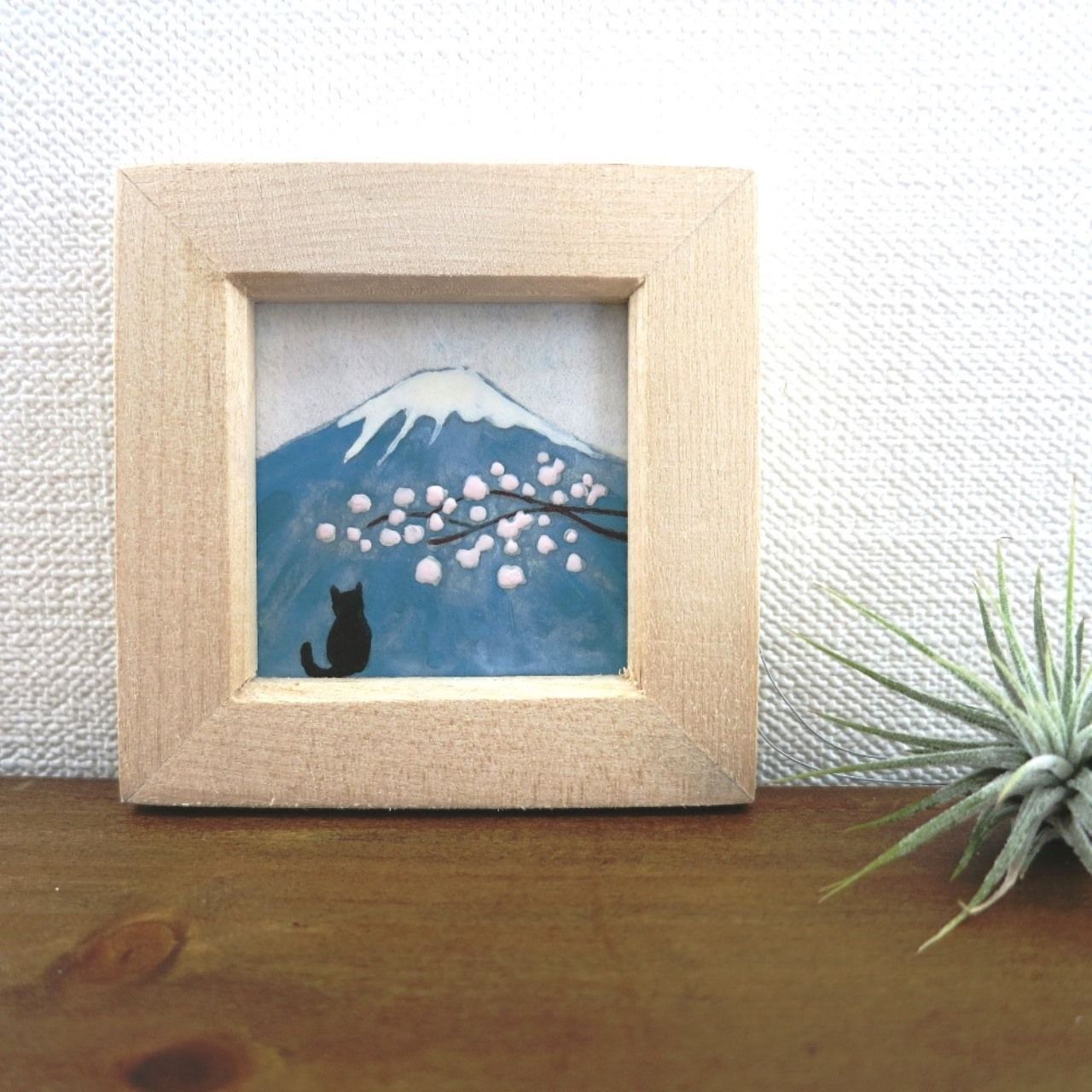日本画ポスター】富士山と桜と黒猫 絵画 ミニ額付き ミニアート