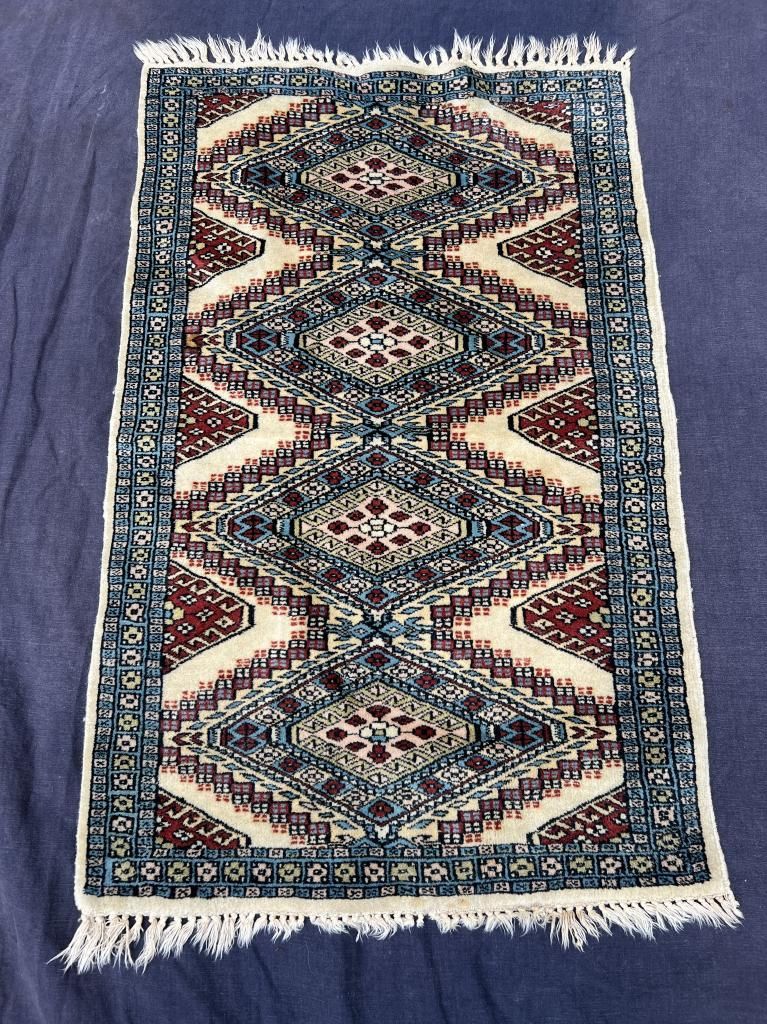ヴィンテージ ラグ カーペット キリム ウールラグ 93x60cm 絨毯 緑系 暖色 ペルシャ絨毯 手織り 細長い 長方形 ウール 羊 ビンテージラグ 幾何学 ビンテージ ワンルーム バルーチ トルクメン トライバル ラグ