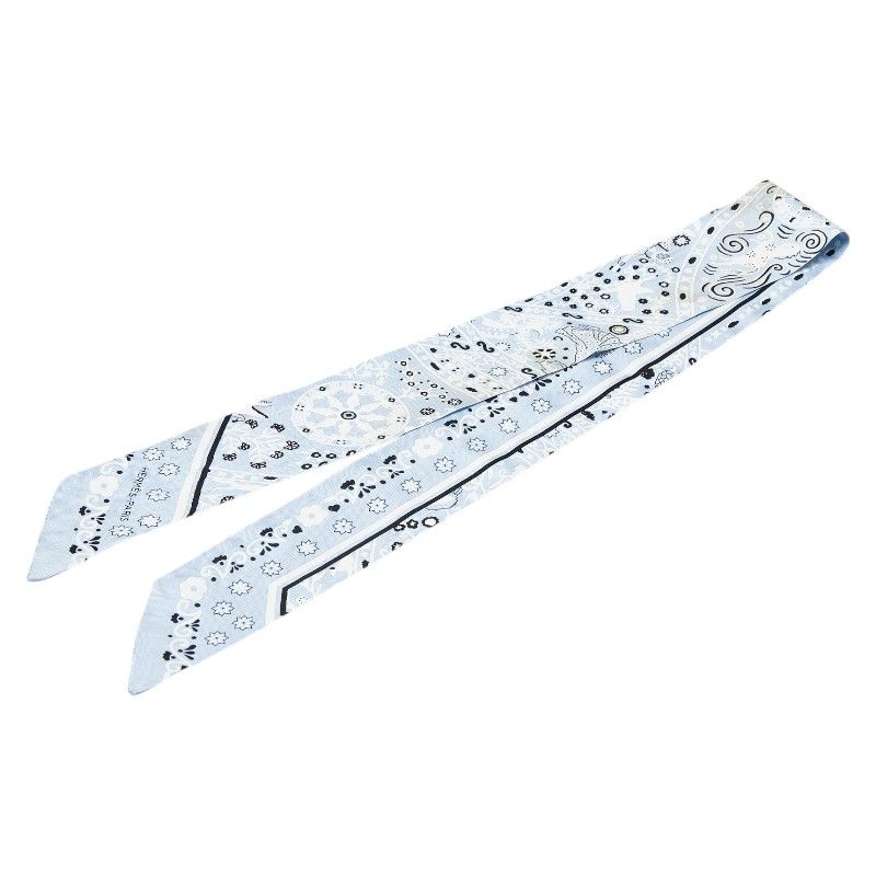 エルメス ツイリー Peuple du Vent 風の民 ライトブルー ブルー ホワイト シルク レディース HERMES【1-0198357】