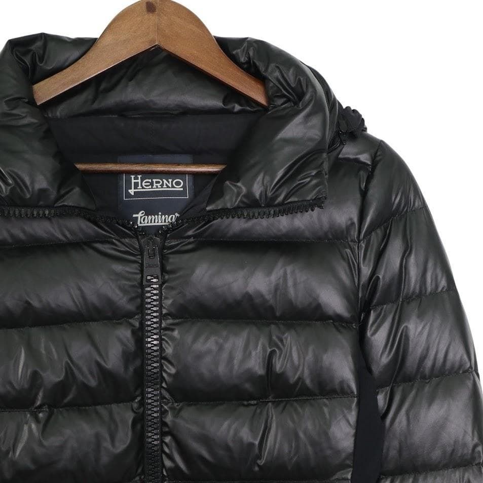 HERNO Laminar ヘルノ ラミナー フーデット ダウンジャケット 黒 ブラック 42 XL レディース ジップ フード ロゴ ダウン フェザー