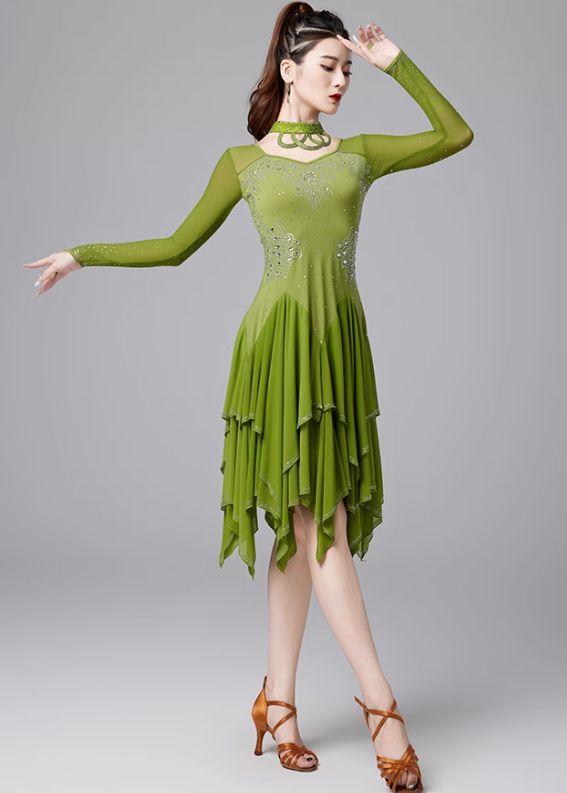 社交ダンス ラテン競技 発表会ドレス 重工ストーン ロングスリーブ オーダーメイド LLC-HASEGAWATOSO_COM