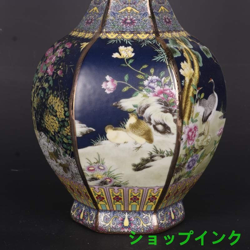琺瑯彩蒔花鳥六方賞瓶 景徳鎮 陶磁器 装飾品 現代工芸品 美術品 置物