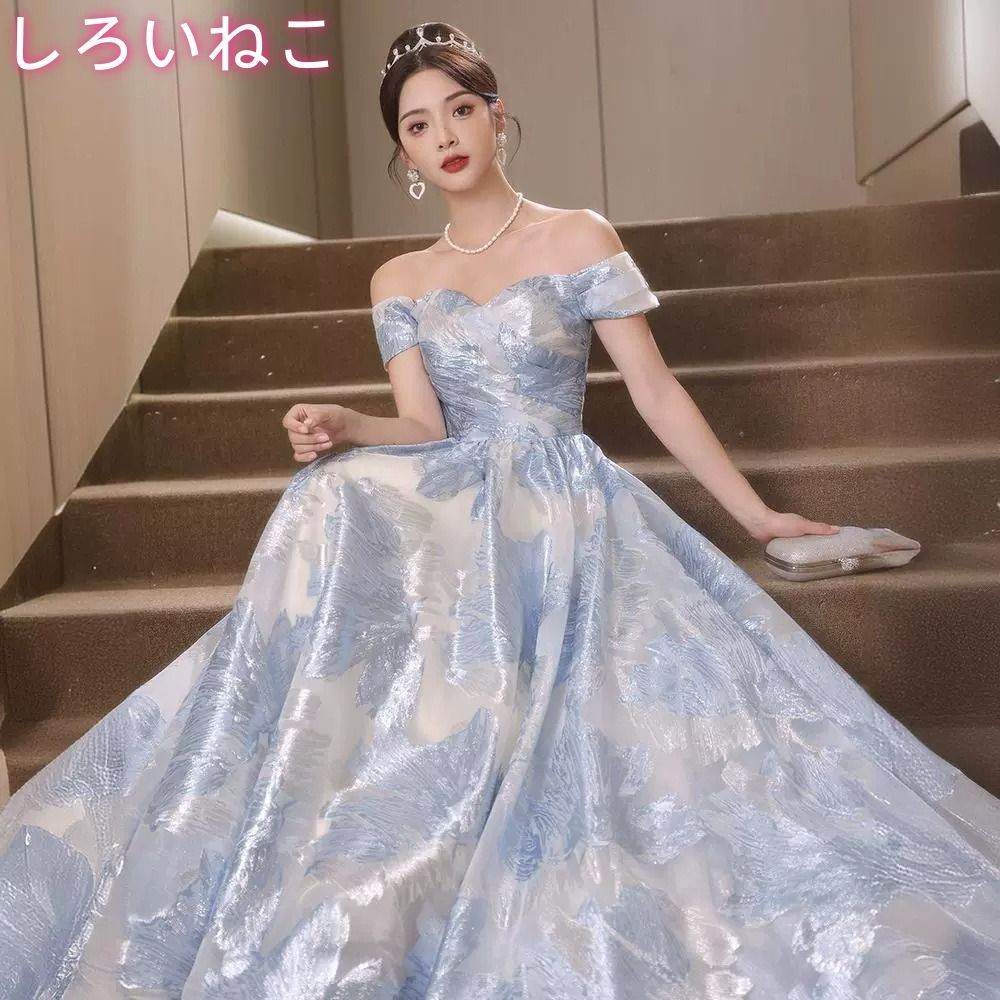 イブニングドレス ブルー 大きいサイズ Aライン ドレス かわいい 姫系 成人式 ライトラグジュアリー バンケットスタイル SNS映え インスタ映え