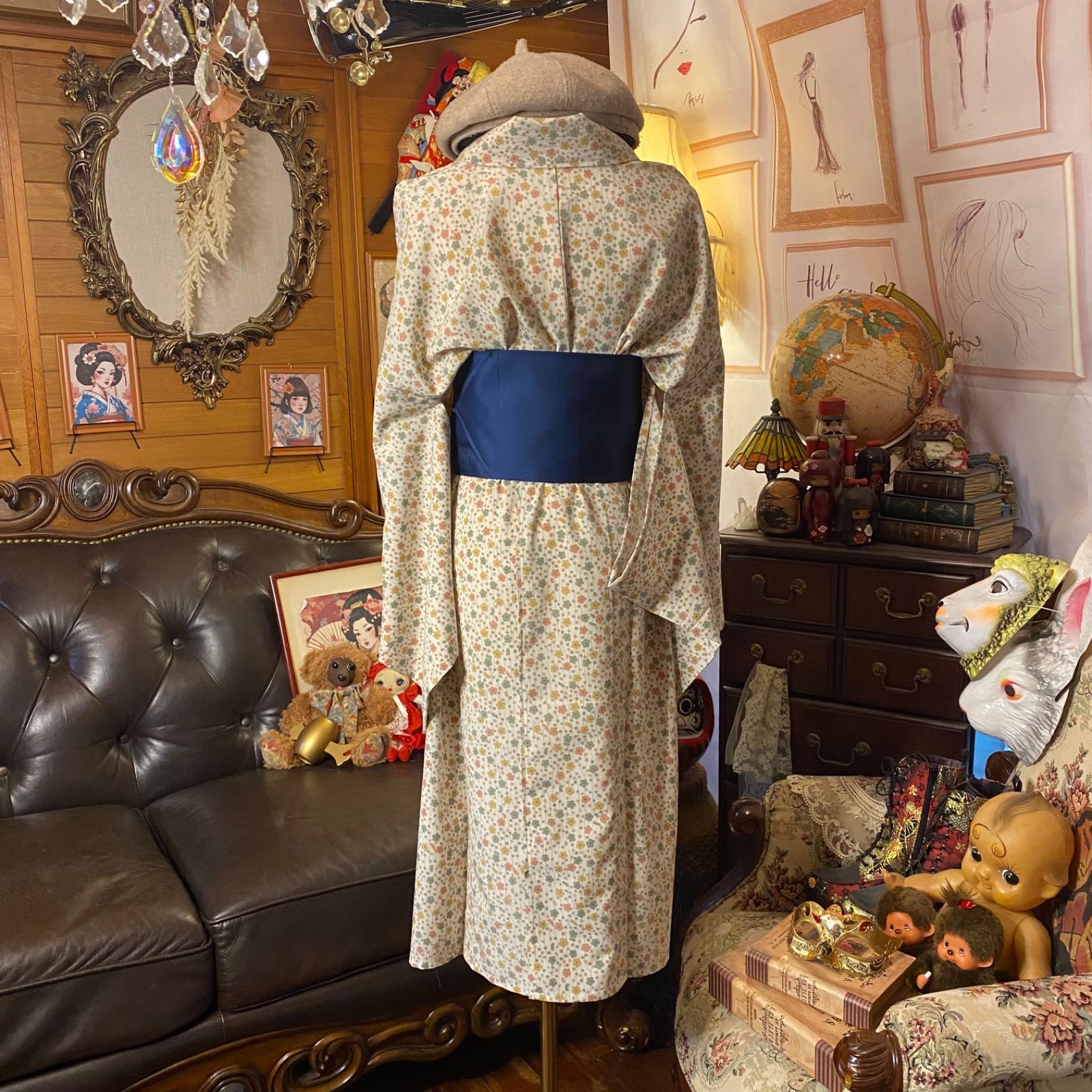 単衣着物 リメイク ワンピース ドレス 洗える 化繊 名古屋帯サッシュベルト 和洋折衷 レトロ 古着 ハンドメイド 全体に咲きこぼれる小花たち KW-1130 NEXPOTALLINN_EU