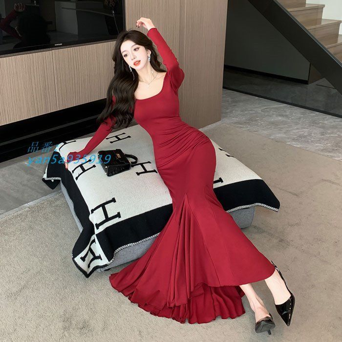 長袖タイトロングワンピース