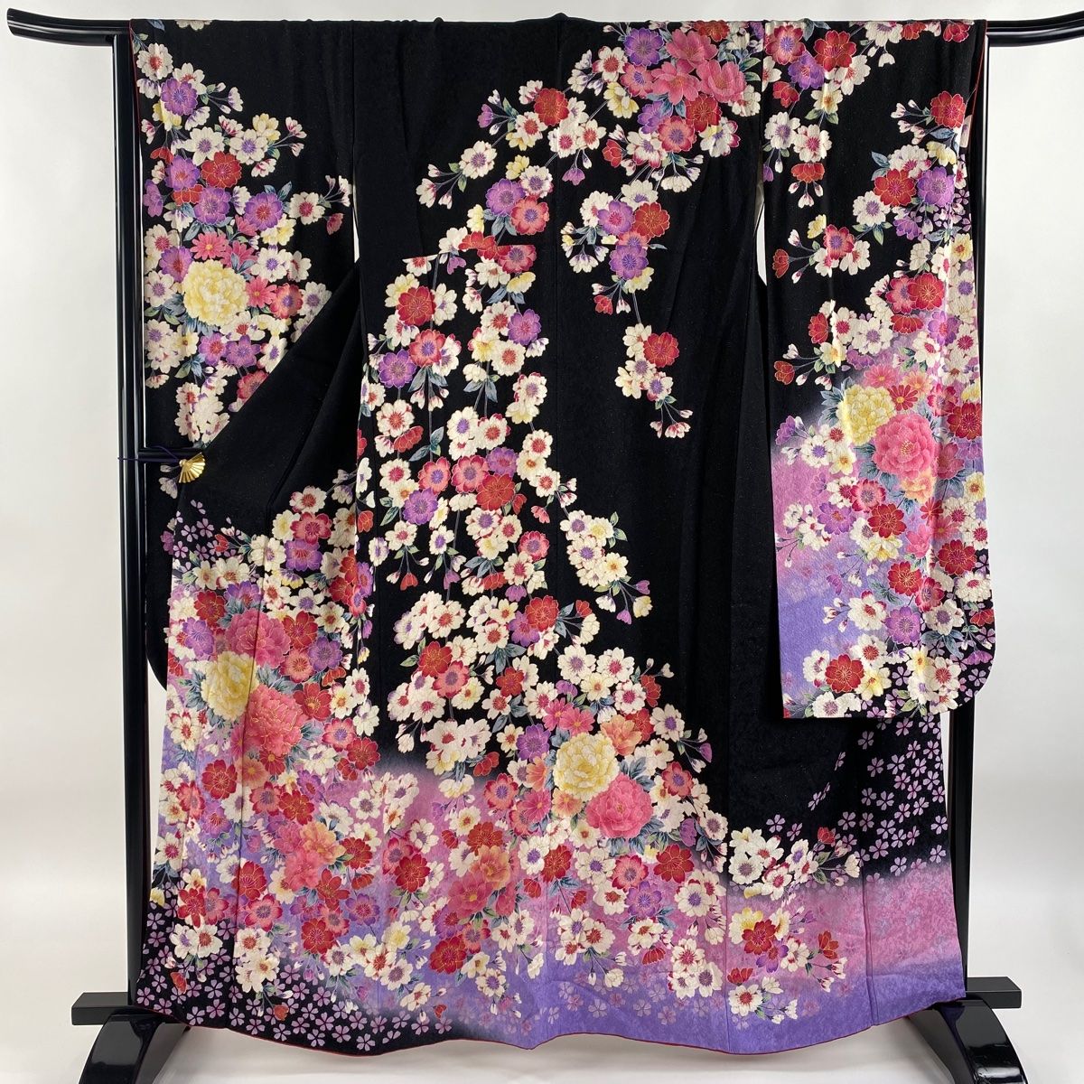 振袖 身長148-163cm 黒　紫　赤　ゴールド　薔薇　正絹 振袖 身長148-163cm 黒 紫 赤 ゴールド 薔薇 正絹