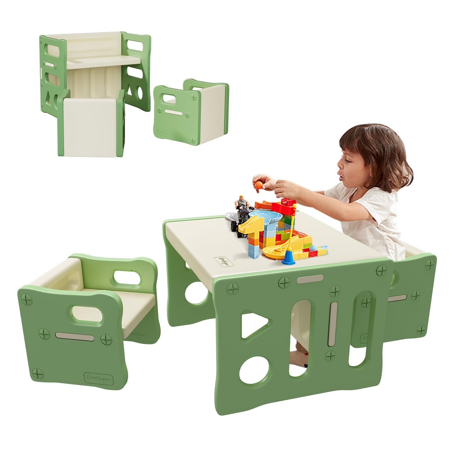 BanaSuper 子供用テーブルと椅子3点セット アクティビティ デスク チェア プラスチック 多機能 収納 家具 リビング学習/絵かき/ダイニング/プレイセット グリーン