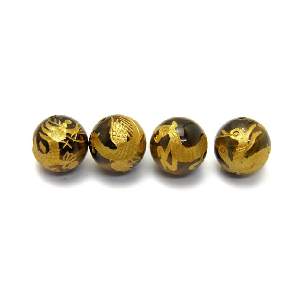 得価，100%新品 四神獣彫刻ビーズ タイガーアイ金彫り 14mm 青龍・朱雀・