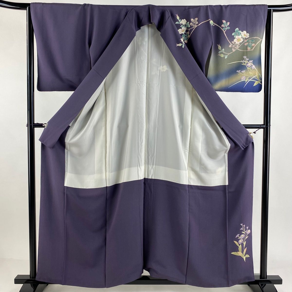 訪問着 身丈159cm 裄丈64cm M 袷 枝花 草花 染め分け ぼかし 灰紫 正絹