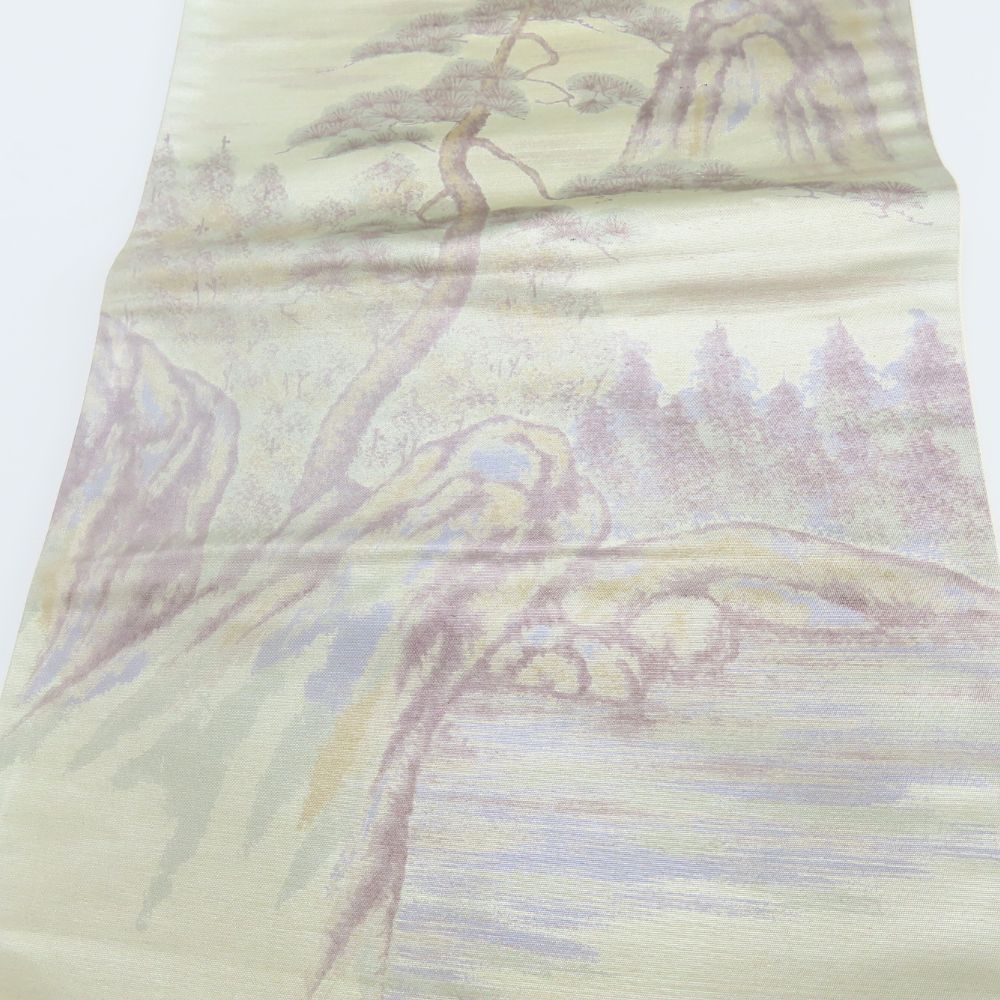 中古】 袋帯 正絹(金銀糸除く) シルバー系 グリーン系 風景 お洒落  