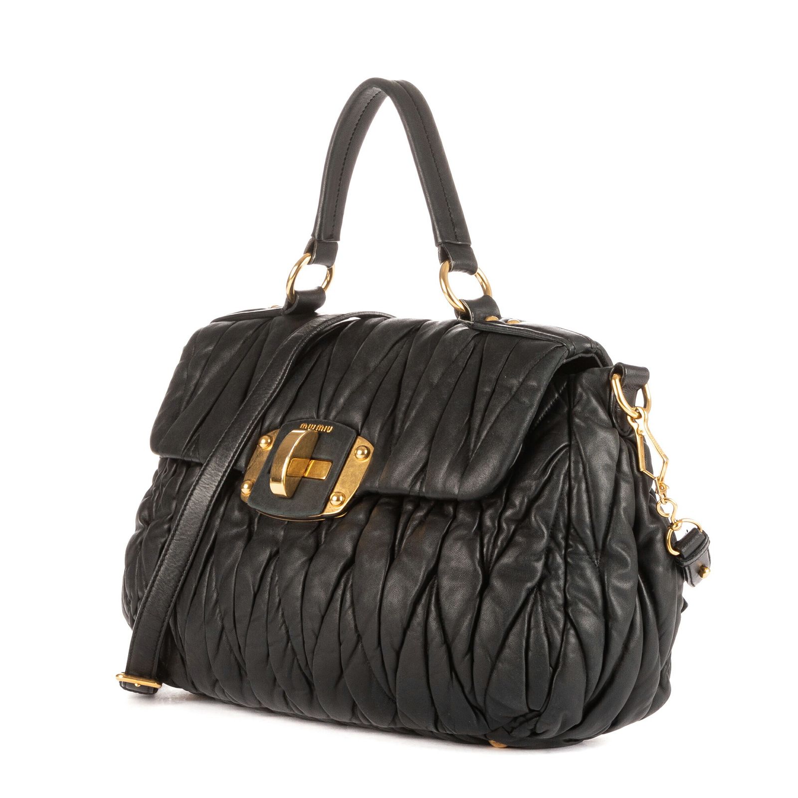 MIU MIU ミュウミュウ大フラップサッチェル黒マトラッセパテントレザーA