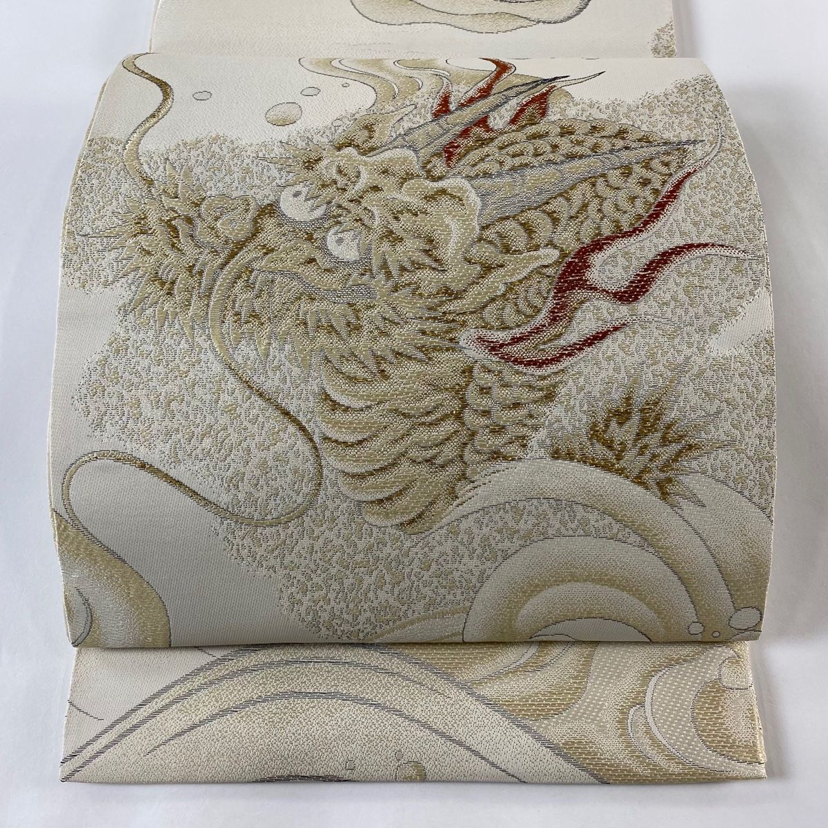 袋帯 美品 逸品 龍 波頭 金糸 箔 ベージュ お太鼓柄 正絹 【中古