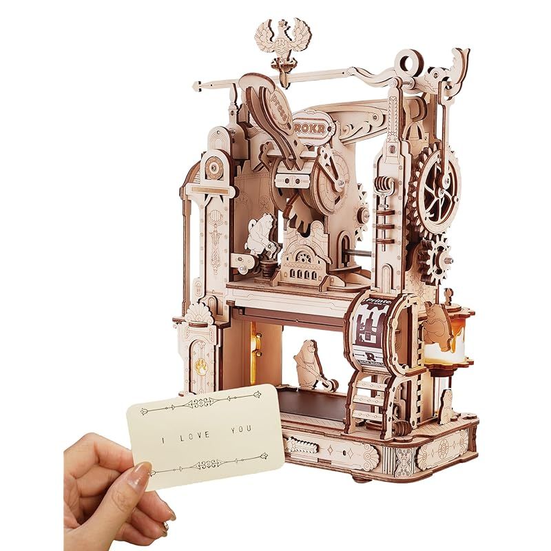 彡ROKR 立体パズル 印刷機 プリンター 可動式モデル 大きめ 存在感ある メカニカル 木製 3D ウッドパズル スタンプ印刷 趣味 工作キット DIY クラフト 組み立て 暇つぶし 知育玩具 女の子へのギフト 新年お祝いギフト 誕生日プレゼント クリ 1