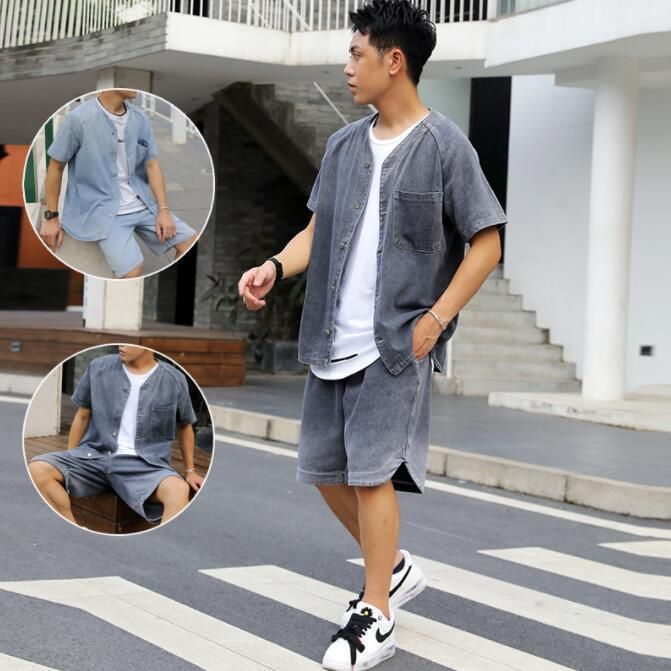 デニム セットアップ 半袖 メンズ 前開き オシャレ デニムシャツ