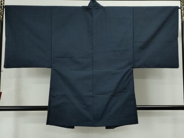 平和屋着物○男性 紬 アンサンブル 色無地 濃藍色 正絹 逸品