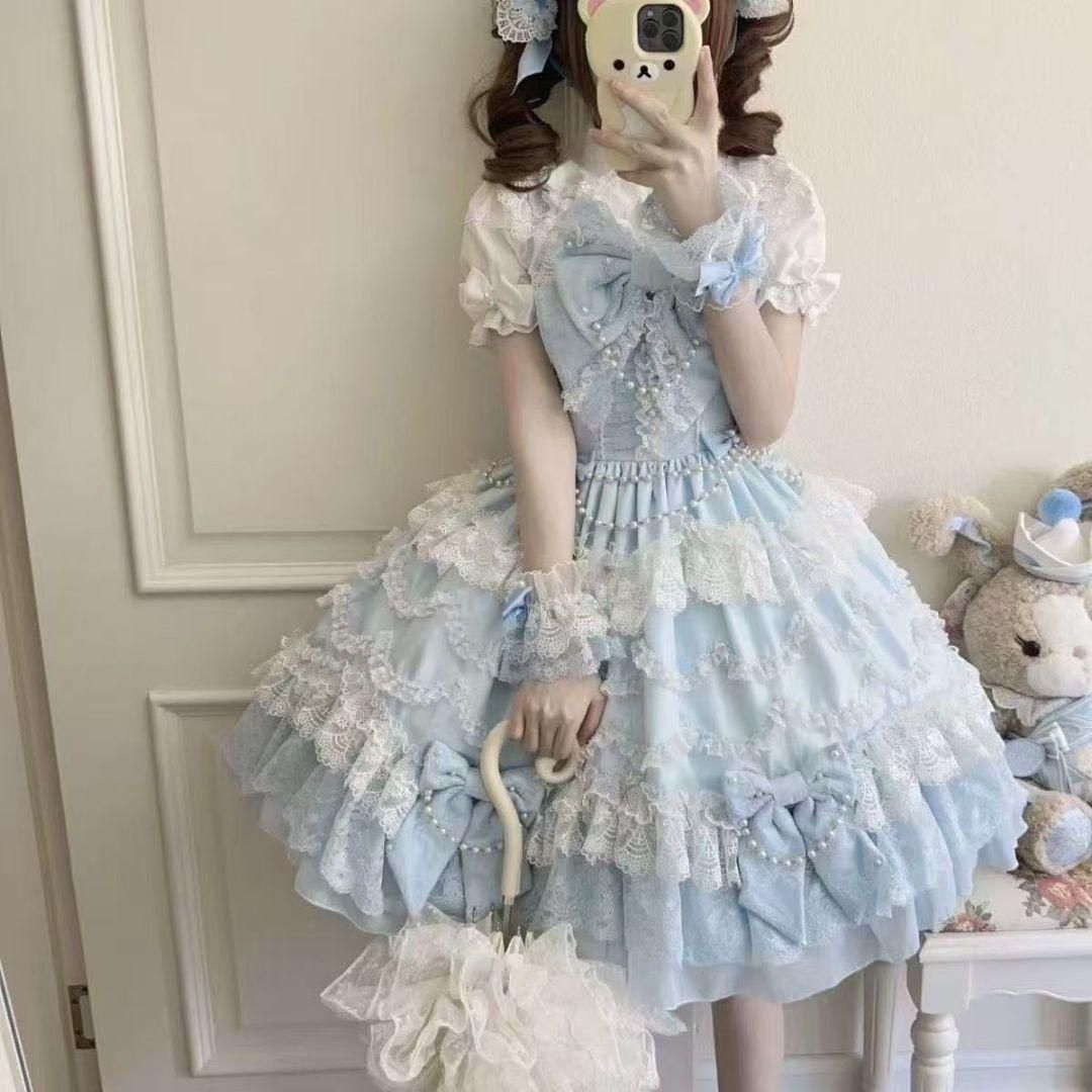【韓嬢♡熊ジャズ】ゴスロリ・ロリータドレスロリィタ　jskサスペンダードレス　白 昭和dollクラシックロリータドレス JSK リボンロリィタ