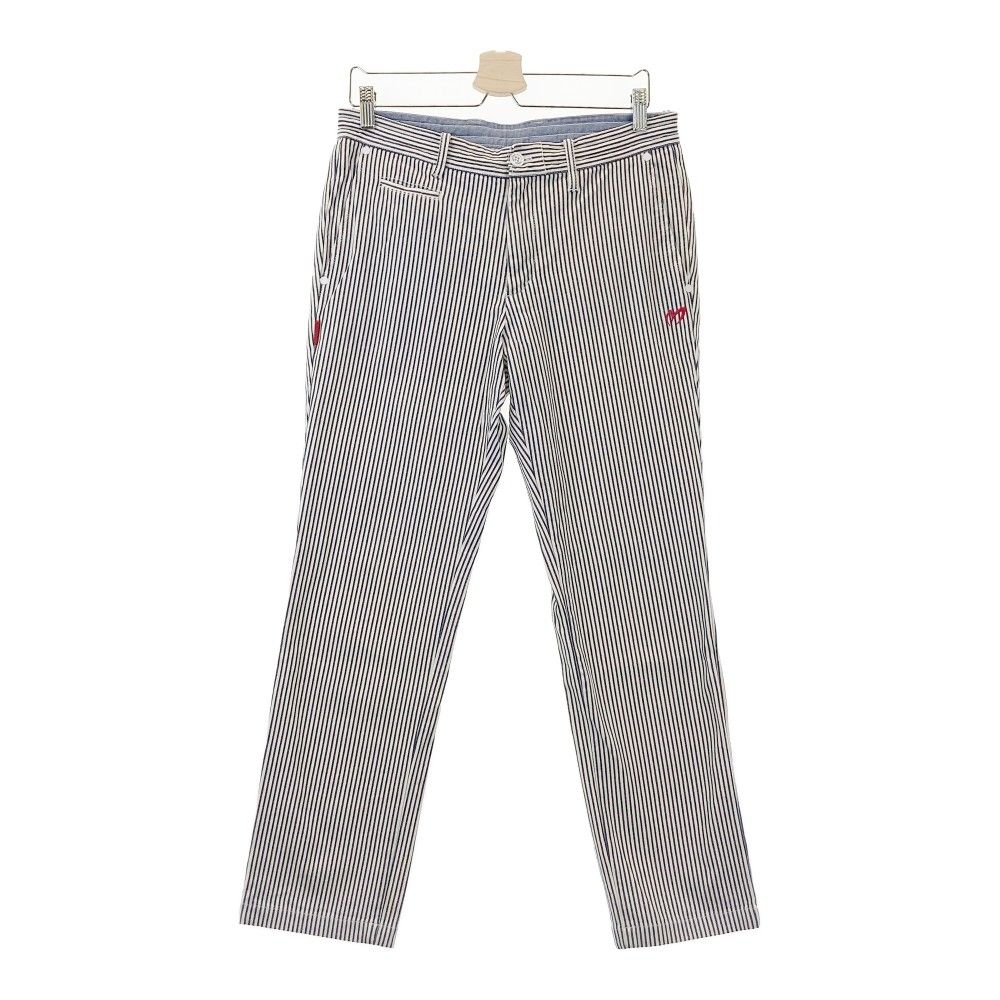 サイズ：4 MASTER BUNNY EDITION マスターバニーエディション  ストレッチパンツ ストライプ柄 ネイビー系 [240101287870] ゴルフウェア メンズ ストスト