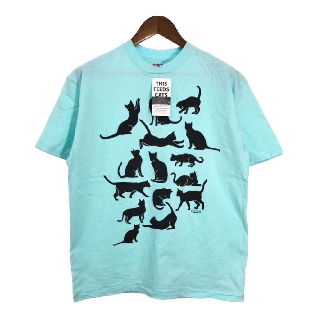 デッドストック 90年代 USA製 アニマルプリント ネコ 半袖Ｔシャツ ライトブルー（メンズ L ） 古着 T5092