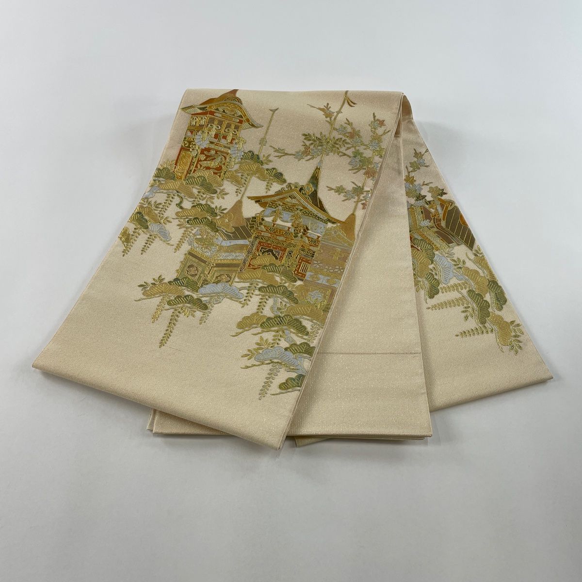袋帯 秀品 山鉾 松 金銀彩 金通し ベージュ お太鼓柄 正絹 【中古 