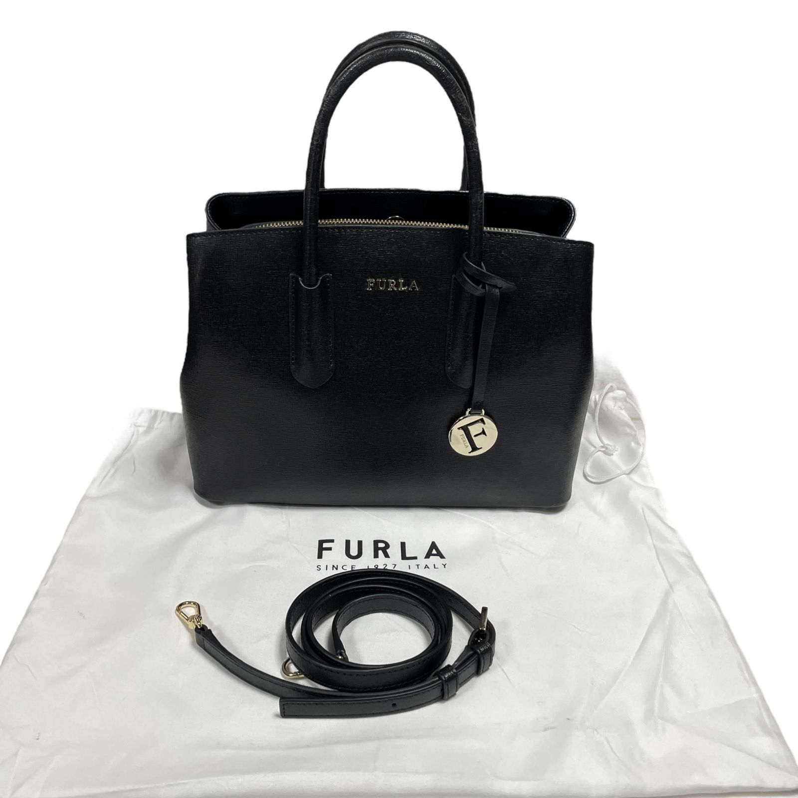 ◆ 品◆FURLA フルラ テッサ TESSA ハンドバッグ ショルダーバッグ 2ウェイ ブラック×ゴールド レディース カバン Q99141NR