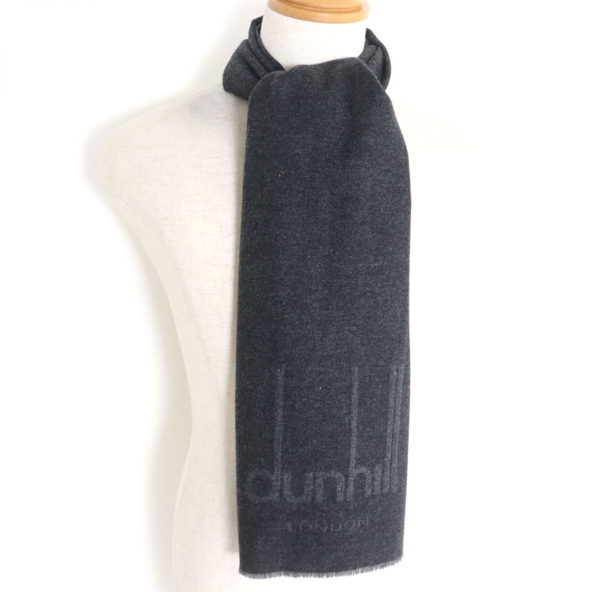 極美品□dunhill/ダンヒル ロゴ入り カシミヤ×ウール フリンジマフラー