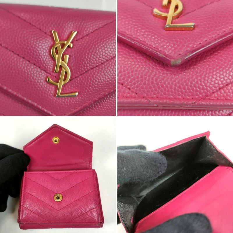SAINT LAURENT サンローラン 三つ折り財布 Vステッチ ピンク YSL ロゴ