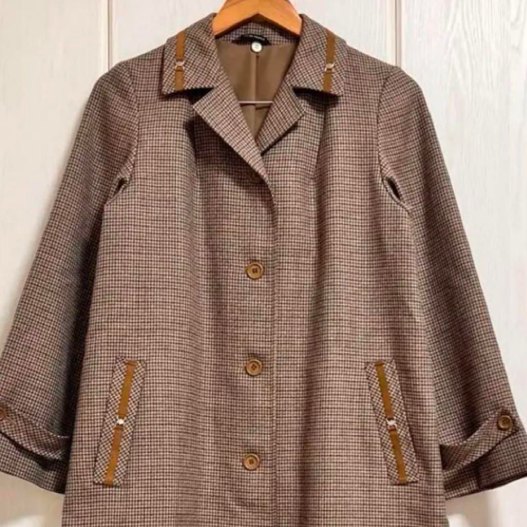 VINTAGE フランス製コート Akylon 千鳥格子柄 チェック M ヴィンテージ ロングコート レトロコート ブラウン