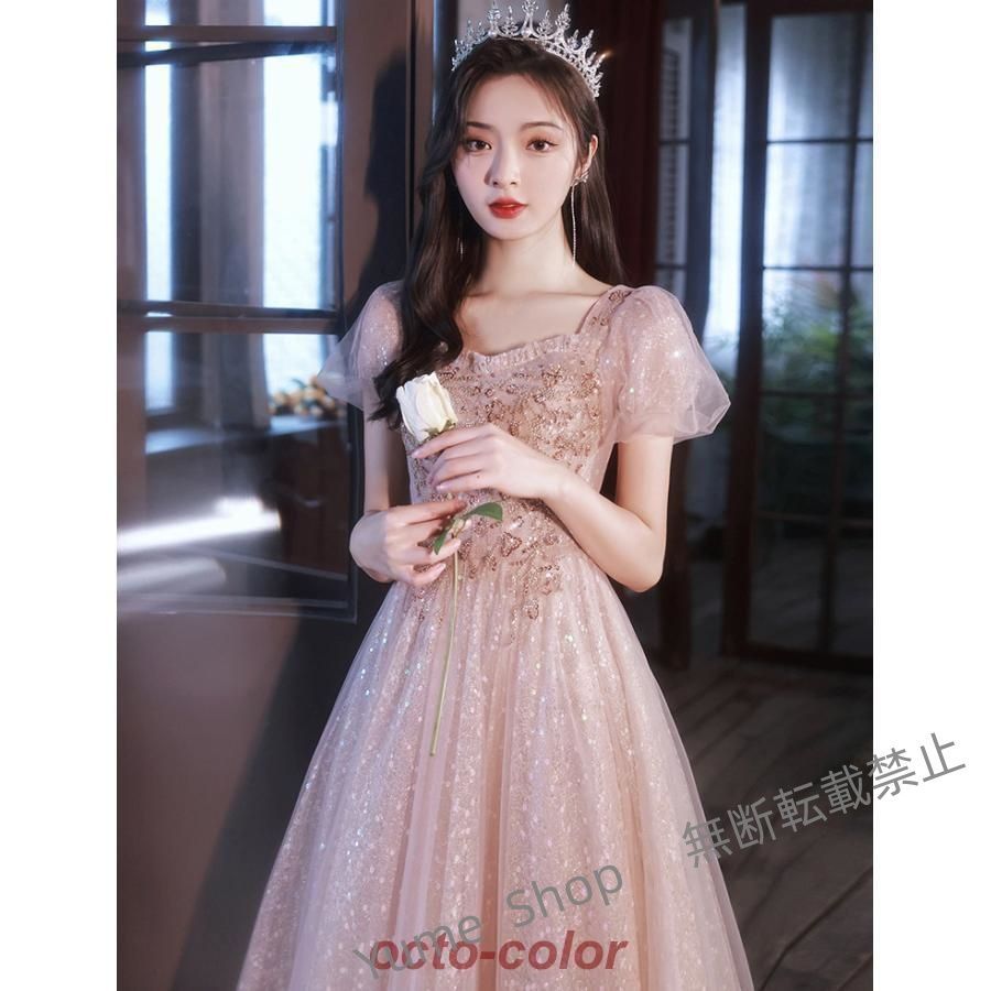 げピアノ発表会 ドレス 大人 半袖 マキシ丈 無地 刺 ワンピース レディース 女の子 中学生 高校生 ピアノ ウェディング レース ピンク jshx61