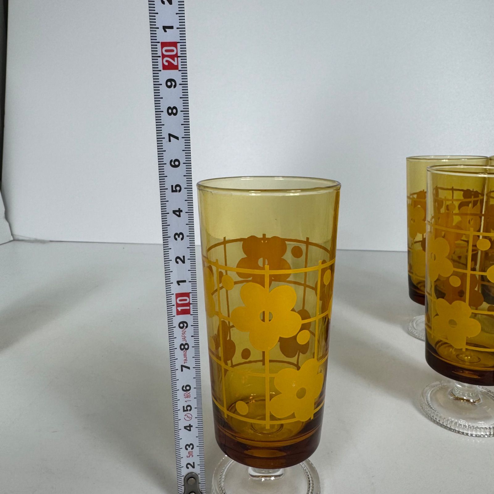 アデリア 昭和レトロ 脚付きグラス 花柄 アンバーガラス 5個セット