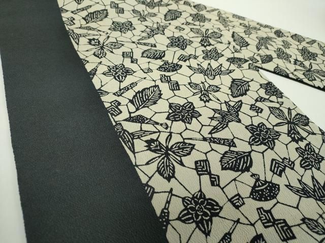 平和屋着物●九寸名古屋帯　作家物　伊勢型染　舞扇花文　鬼しぼ縮緬　正絹　逸品　未使用　DAAX4779ps 平和屋着物○九寸名古屋帯 作家物 伊勢型染 舞扇花文 鬼しぼ縮緬 正絹