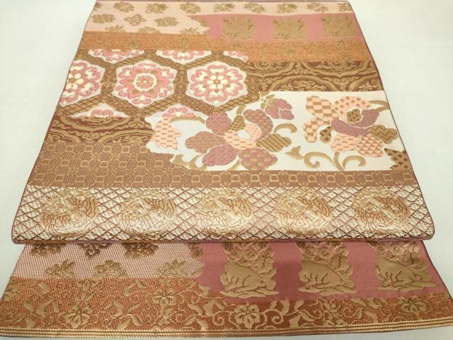 平和屋着物●西陣　川島織物　六通柄　本袋帯　名物裂　更紗花文　荒磯　花兎　正絹　逸品　DAAU5155ps 平和屋着物○西陣 川島織物 六通柄 本袋帯 名物裂 更紗花文 荒磯 花兎