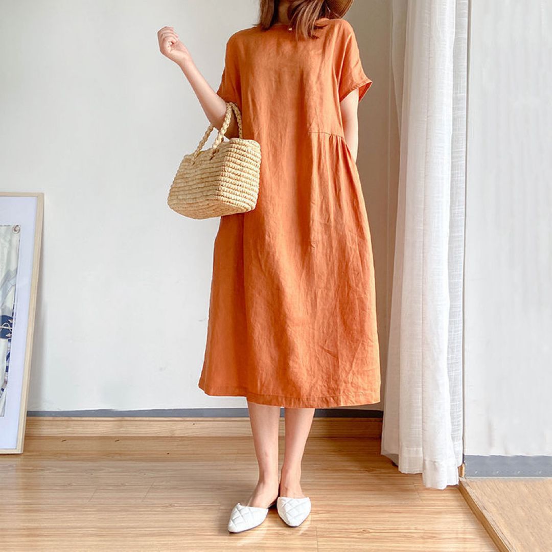 関税送料込【MaxMaraStudio】ロング ワンピース 半袖 オレンジ ロングワンピース 半袖 オレンジ ポケット付き ラウンドネック
