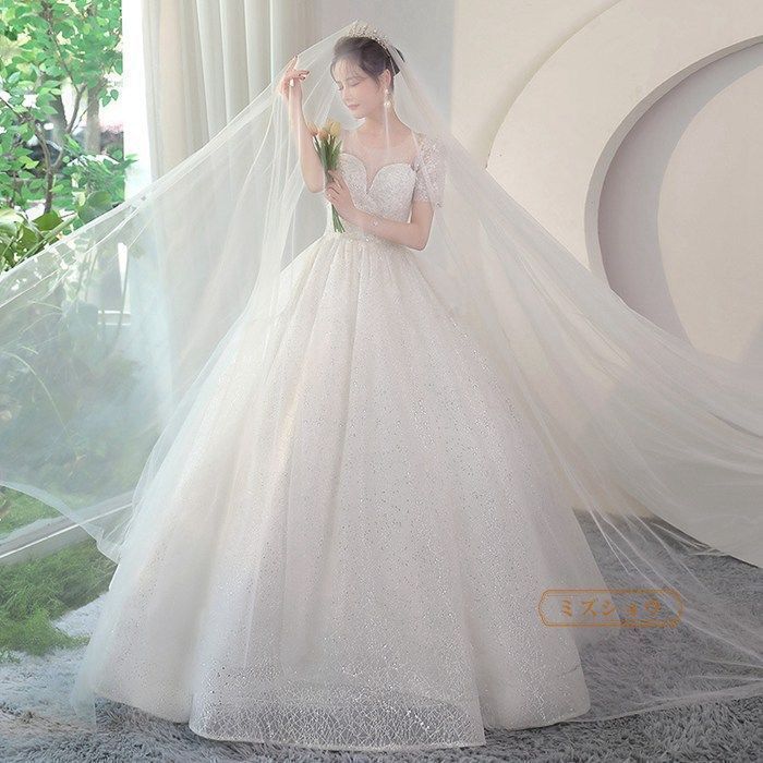 ウェディングドレス Aライン 花嫁ドレス キラキラ 二次会 花嫁 ドレス 白 二次会ドレス 編み上げ 二次会ウエディングドレス 前撮り 結婚式 パーティードレス 結婚式ドレス 結婚式ワンピース お呼ばれ YeyL589