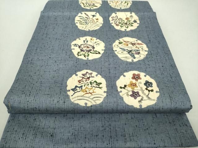 平和屋着物○九寸開き名古屋帯 ぜんまい紬 型染 雪輪花文 正絹