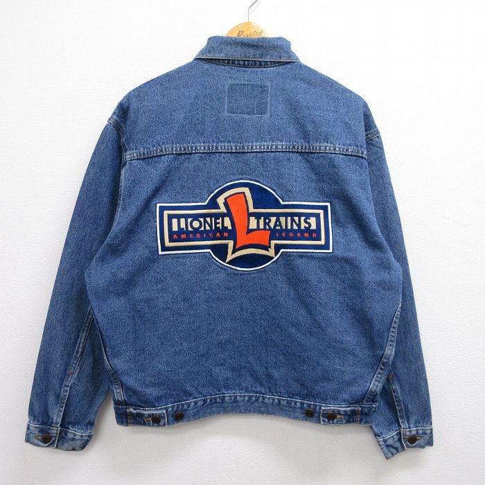 XL/古着 長袖 ジージャン メンズ 90s ライオネル 刺繍 コットン 紺 ネイビー デニム 22oct28 中古 アウター Gジャン ジャケット
