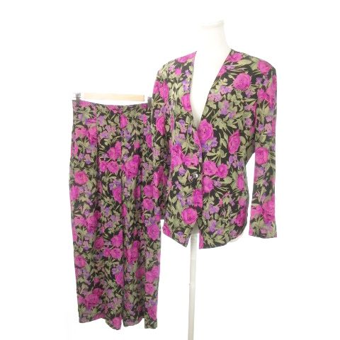 ランバン LANVIN スーツ セットアップ 2点セット ノーカラージャケット 背抜き ワイドパンツ シルク 絹 花柄 小さいサイズ 44 XS 黒 ブラック |MN1 GY18