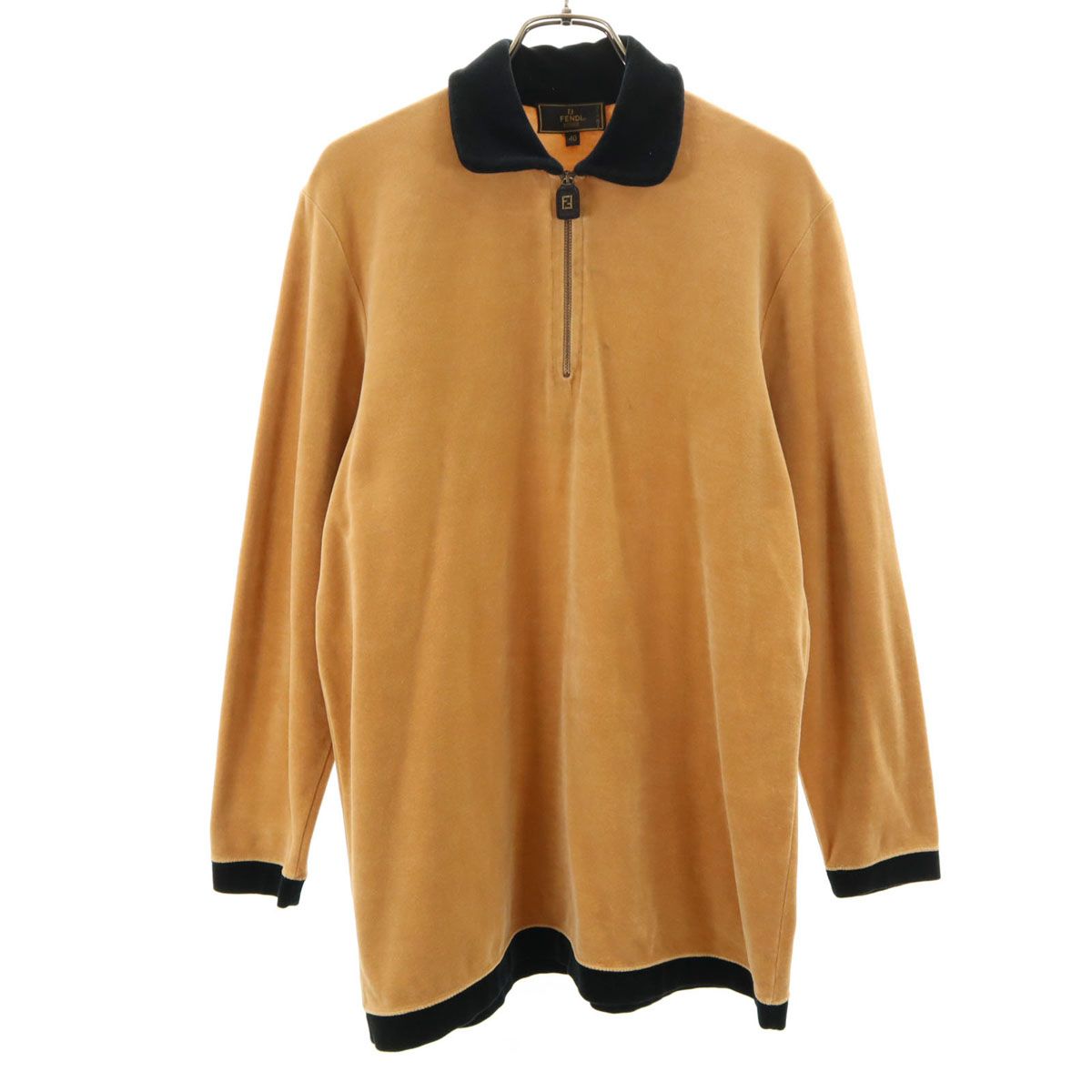FENDI フェンディ 90s イタリア製 オールド バックプリント 長袖 ハーフジップ ベロア ポロシャツ 40 ブラウン メンズ FENDI フェンディ 90s イタリア製 オールド バックプリント 長袖