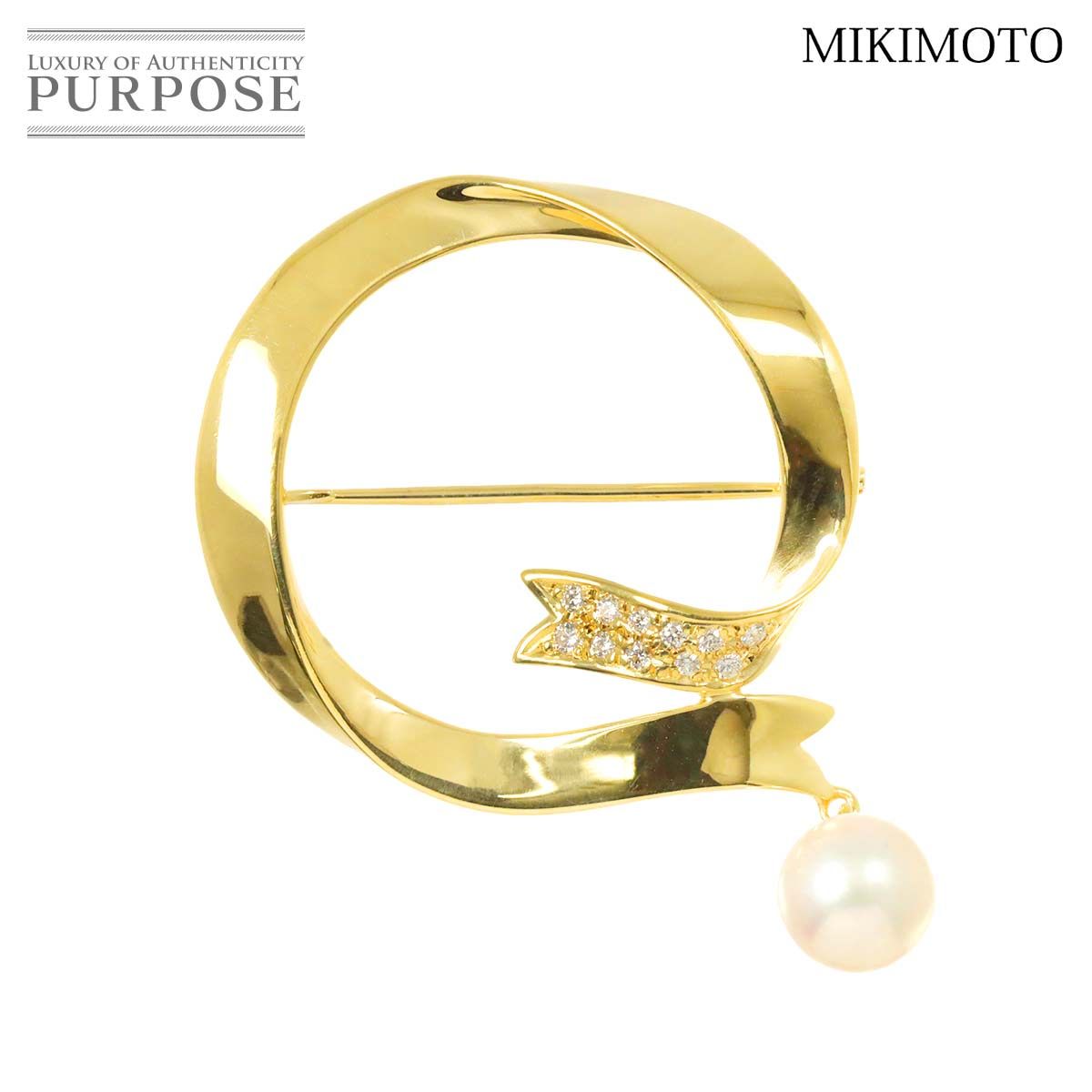 ミキモト MIKIMOTO アコヤ真珠 7.6mm ダイヤ ブローチ K18 YG イエローゴールド 750 パール Pearl Brooch 90291426