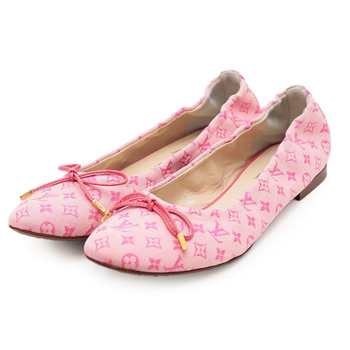 LOUIS VUITTON ルイ ヴィトン フラットパンプス モノグラム LV ロゴ エナメルリボン コットンキャンバス レザーソール バレリーナ シューズ レディース サイズ 37 1 2 ピンク 桃色 イタリア製