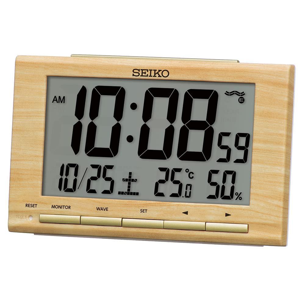 【フォロー割】カレンダー デジタル 薄茶木目 電波 91×148×47mm 目覚まし時計 SQ799B セイコークロック