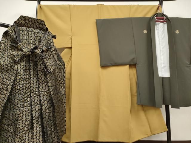 平和屋着物 上 男性 色無地 紋付き羽織 行灯袴セット キングサイズ 着物 黄枯茶色 羽織 海松茶色 洗える着物 CYAA3480s5